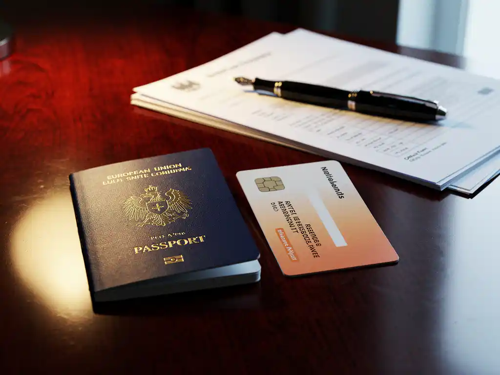 Open EU-paspoort en Nederlandse verblijfsvergunning op mahoniehout bureau met vulpen en overheidsformulieren op achtergrond