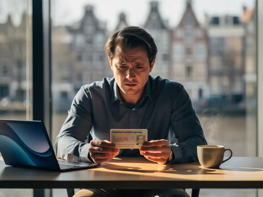 Bezorgde professional houdt Nederlandse verblijfsvergunning vast aan moderne kantoorbureau met laptop en koffiekop