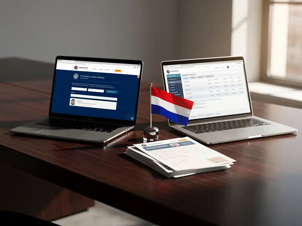 Moderne kantoorbureau met twee laptops, Nederlandse overheidswebsite met immigratieformulieren, internationale salarissoftware, werkvergunningdocumenten en Nederlandse vlag presse-papier