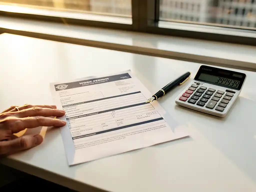 Nederlandse werkvergunning document op wit bureau naast rekenmachine met salarisberekening en vulpen, natuurlijk licht