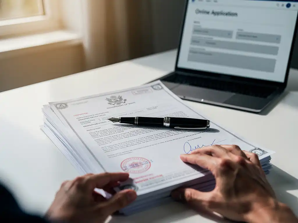 Stapel officiële documenten met overheidsbriefhoofden en stempels op wit bureau, laptop met digitaal formulier op achtergrond