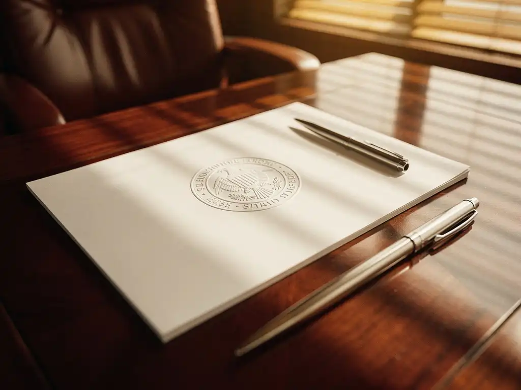 Officieel document met regeringszegel op mahonie bureau naast zilveren pen, zonlicht door jaloezieën