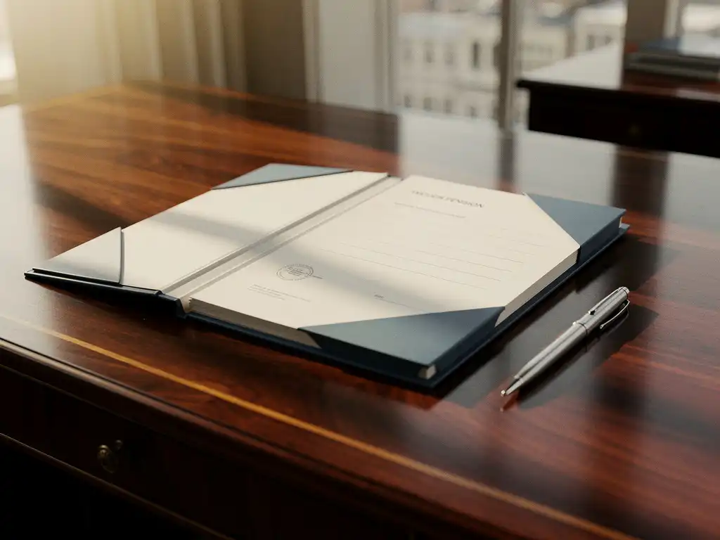 Open pensioenmap op mahonie bureau met officiële documenten en zilveren pen, verlicht door warm zonlicht