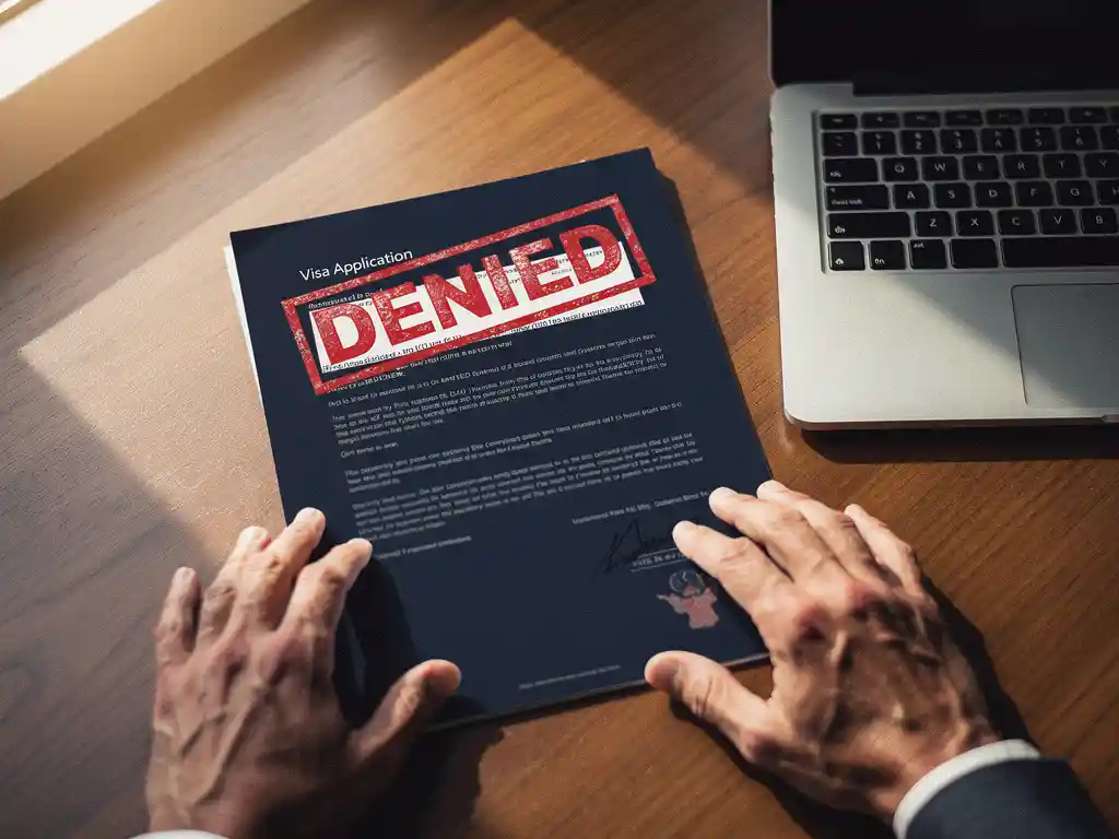 Afgewezen visumaaanvraag met rode "DENIED" stempel op bureau naast laptop, professionele handen reiken naar document