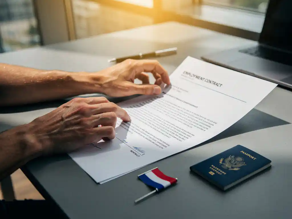 Professionele handen bekijken arbeidscontract op bureau met Nederlandse vlag speld en paspoort, warm kantoorlicht