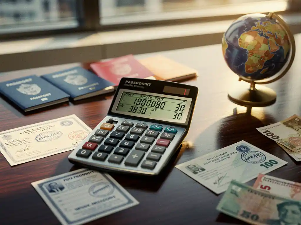 Calculator met financiële cijfers op houten bureau omringd door internationale documenten, paspoorten, werkvergunningen en buitenlands geld