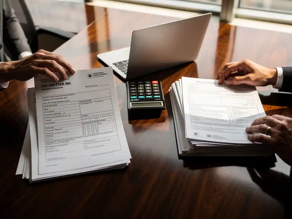 Professionele handen organiseren Nederlandse belastingformulieren en buitenlandse werkdocumenten op houten bureau met calculator en laptop