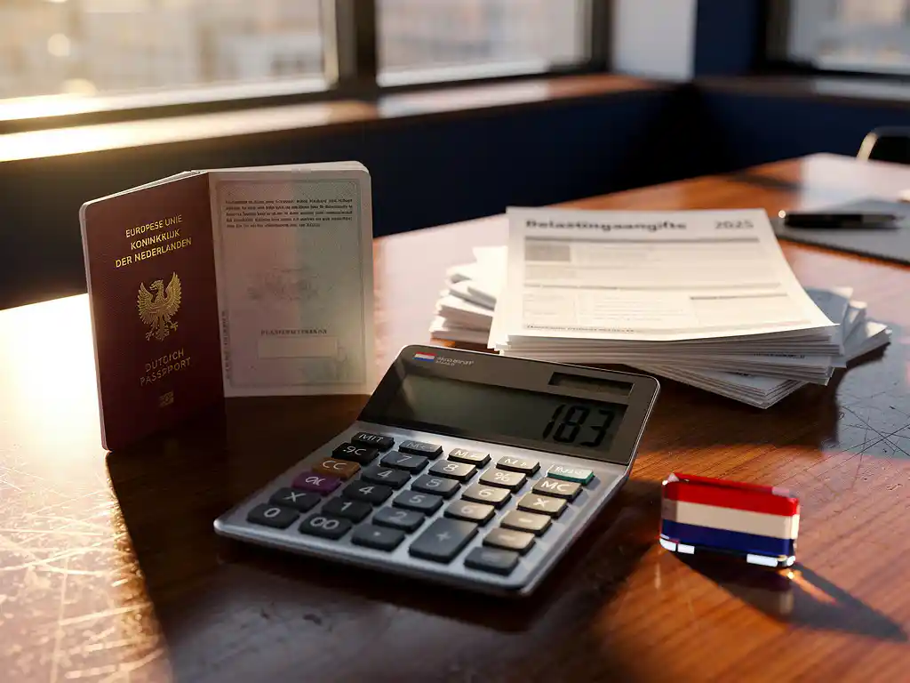 Rekenmachine toont "183" naast open Nederlands paspoort en belastingdocumenten op houten bureau met Nederlandse vlag