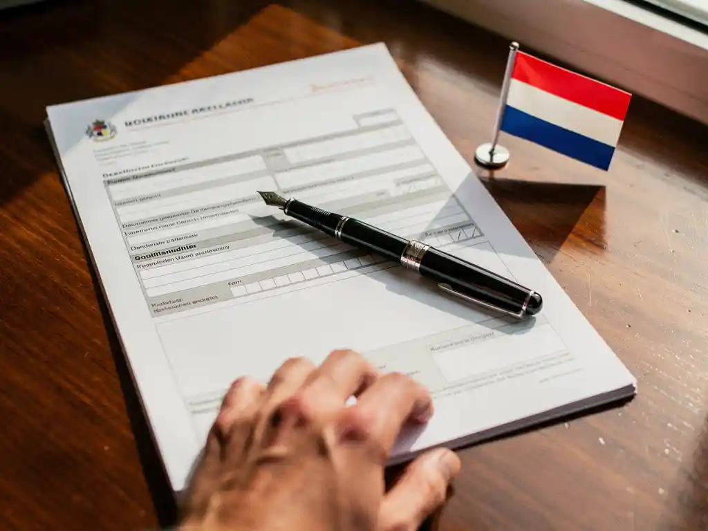 Nederlandse belastingformulier op houten bureau met vulpen, Nederlandse vlag pin en hand die naar pen reikt in natuurlijk licht