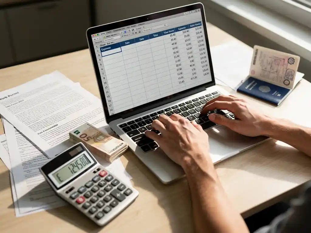 Houten bureau met werkvergunningen, belastingformulieren, rekenmachine, eurobiljetten en paspoort rond laptop met spreadsheet