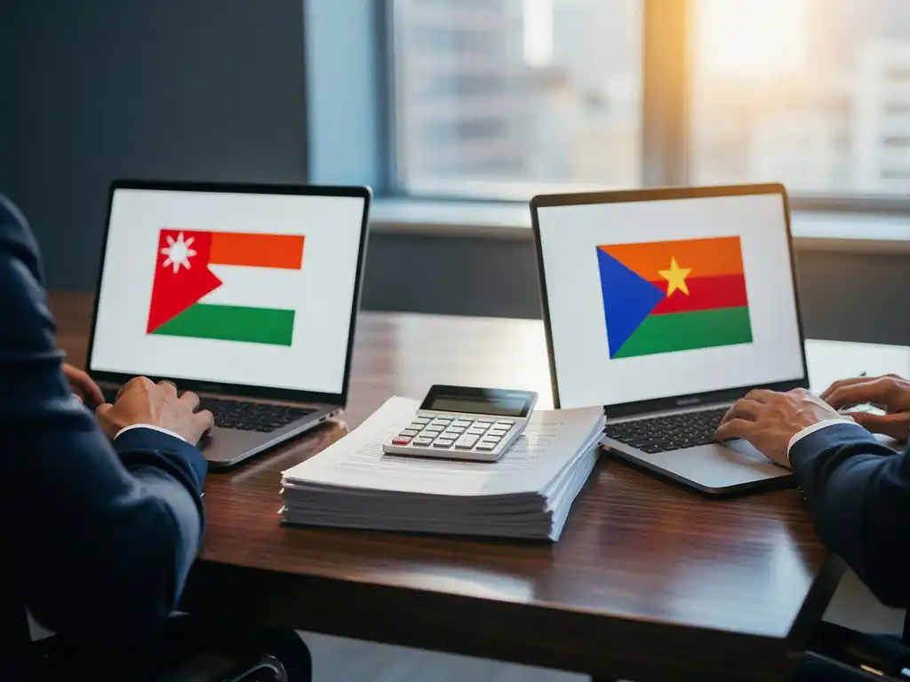 Professionele werkplek met twee laptops die landenvlaggen tonen, belastingdocumenten en rekenmachine op houten bureau