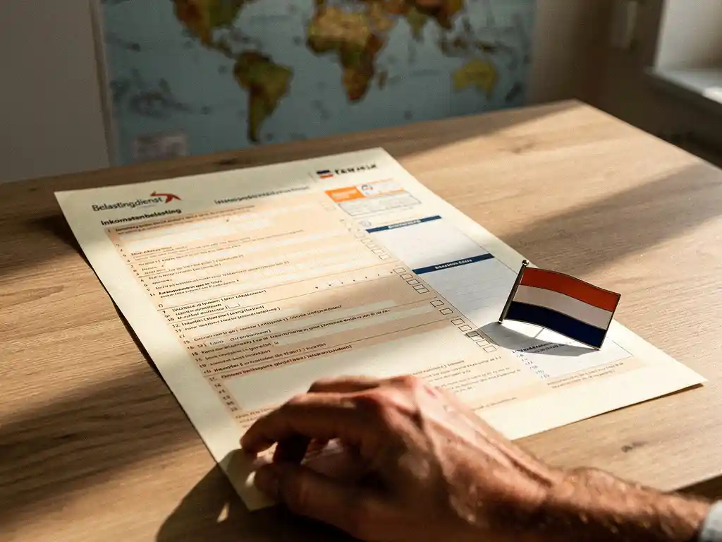 Nederlandse belastingformulieren op eiken bureau met Nederlandse vlag en wereldkaart op achtergrond