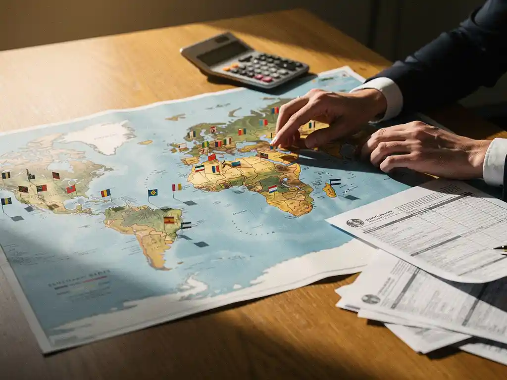 Wereldkaart op eiken bureau met kleurrijke vlaggetjes, belastingdocumenten en calculator, professionele handen wijzen naar landen