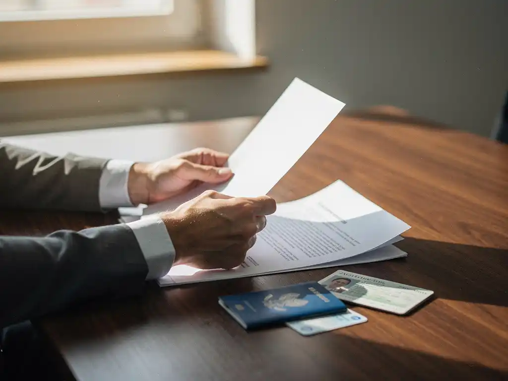 Professionele handen bekijken contractdocument op houten bureau met paspoort en werkvergunning, natuurlijk licht