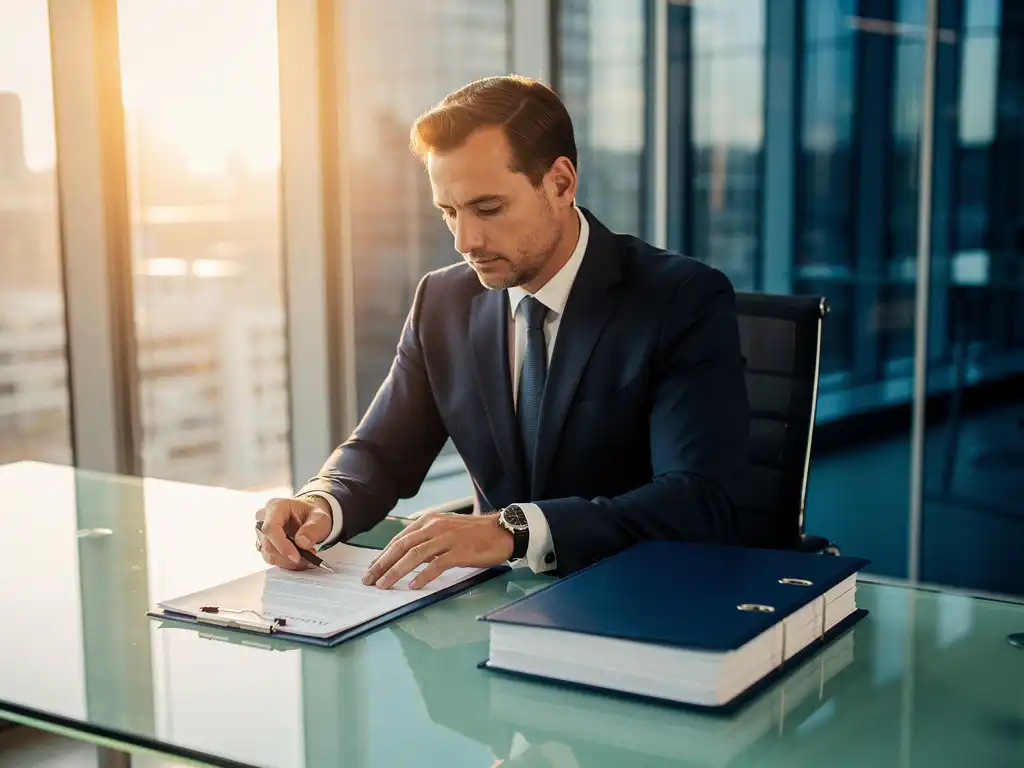 Zakenman in marineblauw pak bekijkt dunne en dikke contractdocumenten aan glazen bureau in modern kantoor