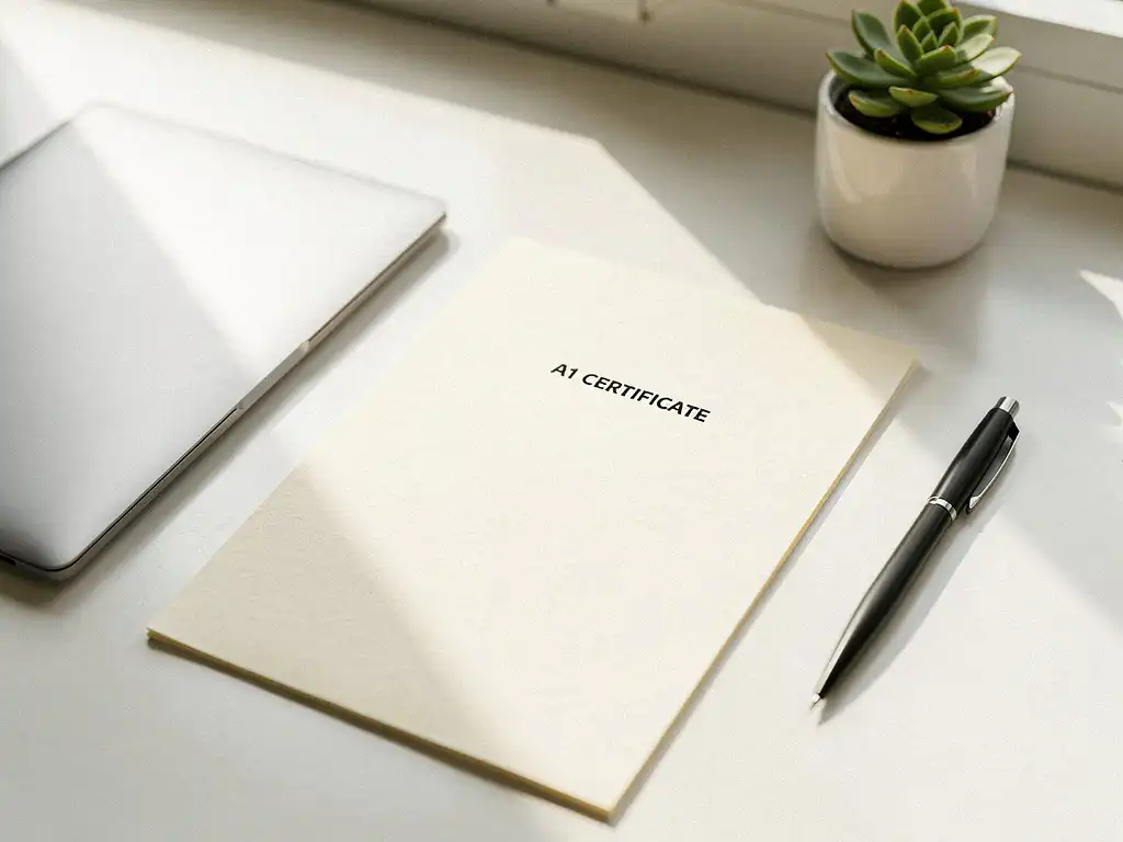 EU A1-certificaat op wit bureau naast laptop, pen en vetplant met natuurlijk licht