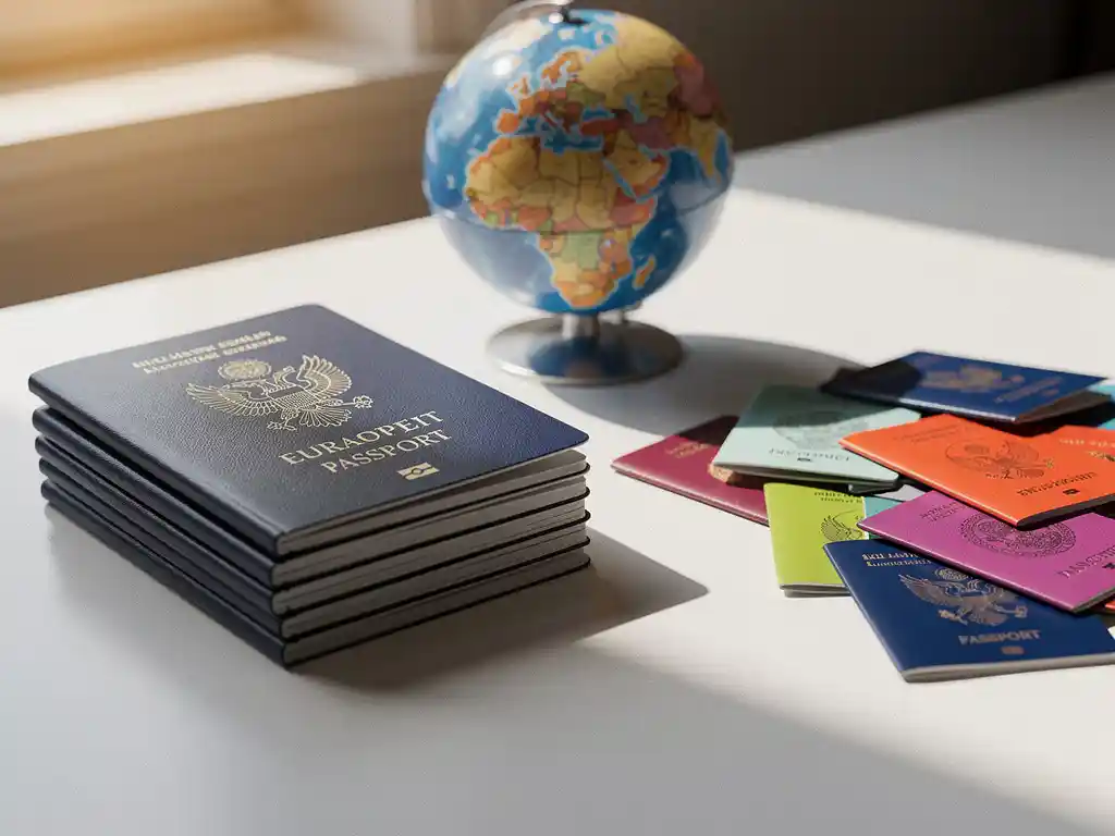 Stapel donkerblauwe EU-paspoorten naast kleurrijke niet-EU paspoorten op wit bureau met kleine wereldbol ertussen