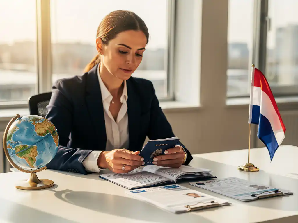 HR-manager bestudeert paspoort en visadocumenten aan modern bureau met Nederlandse vlag en wereldbol, natuurlijk licht