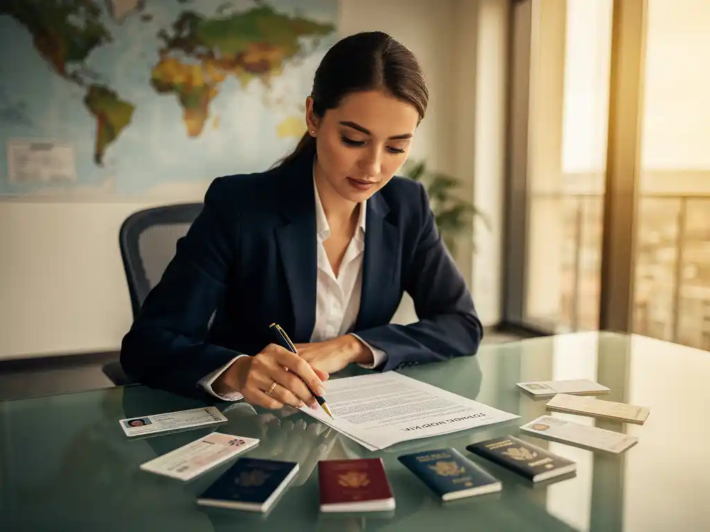 Professionele vrouw in pak bestudeert immigratiebeleidsdocument aan glazen vergadertafel met paspoorten en werkvergunningen