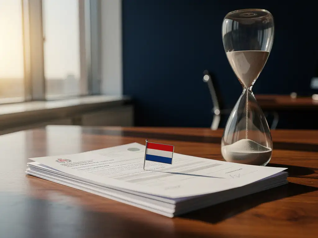 Nederlandse immigratiedocumenten gestapeld op houten bureau naast zandloper, met Nederlandse vlagspeld en warm zonlicht