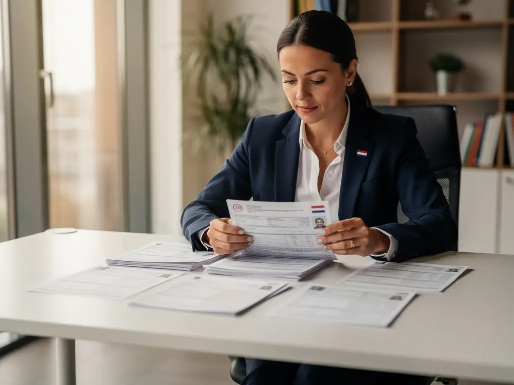 Professionele vrouw in pak bekijkt immigratiedocumenten en werkvergunningen op modern bureau, Nederlandse vlag speld op blazer