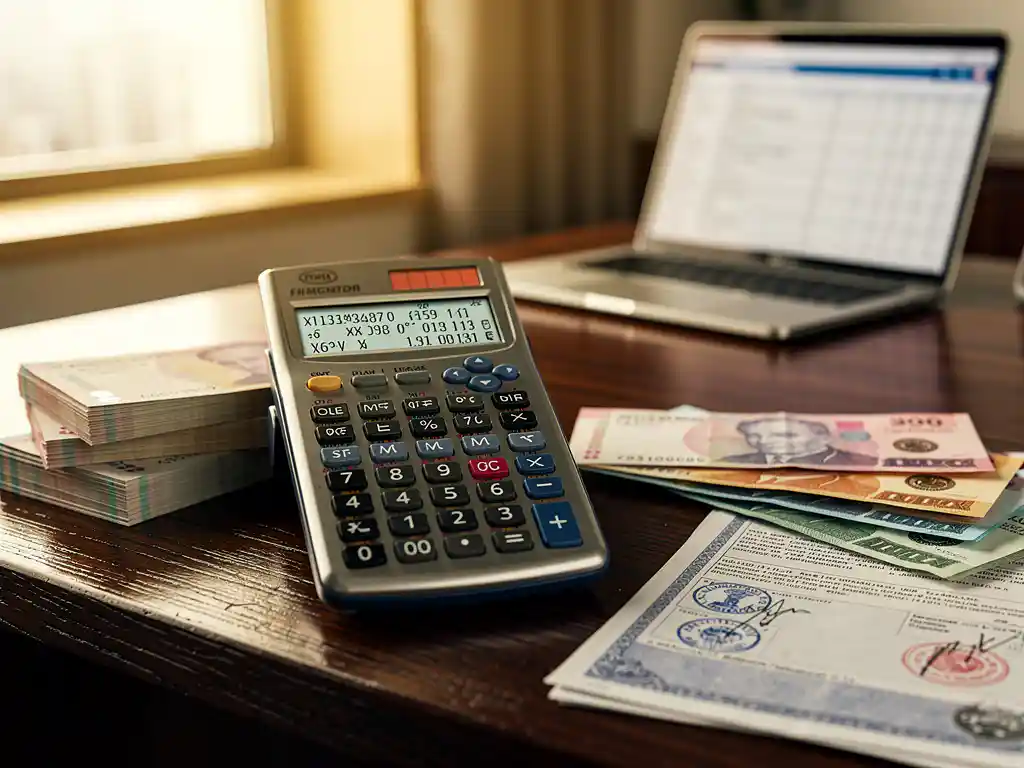 Calculator met complexe berekeningen op houten bureau naast internationale valuta en immigratiedocumenten met stempels