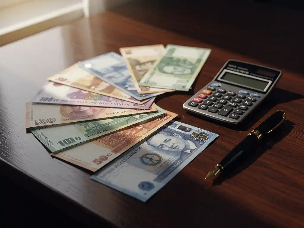 Houten bureau met internationale bankbiljetten uitgespreid in waaierpatroon, rekenmachine en vulpen ernaast