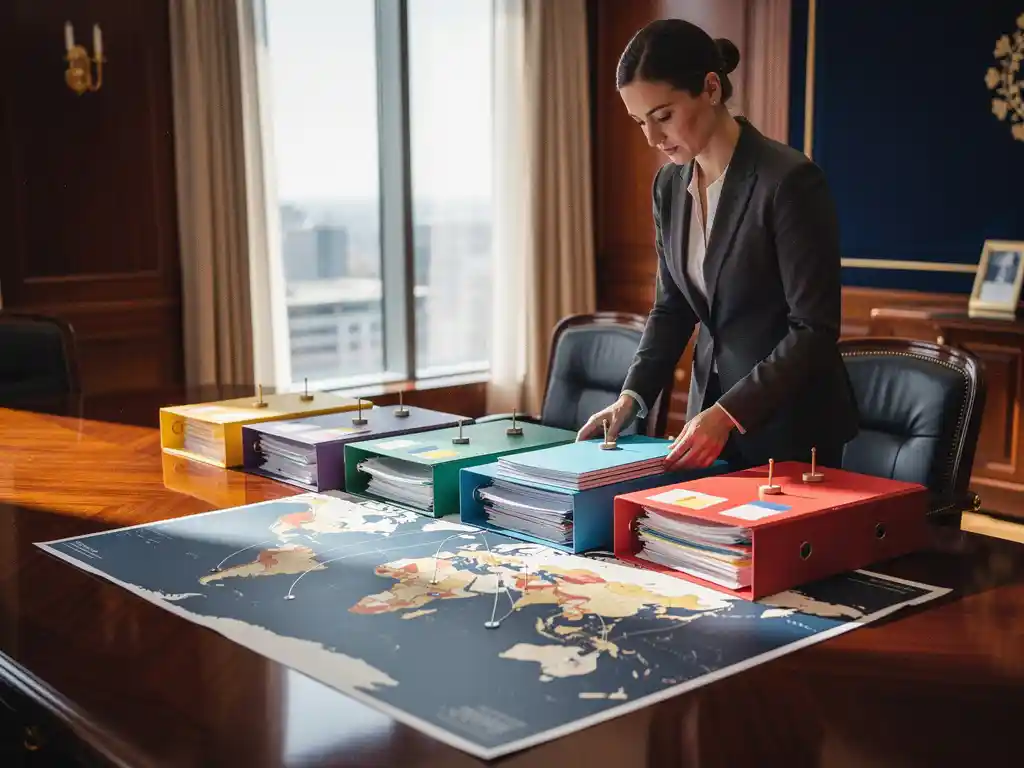 HR-manager organiseert kleurrijke landenmappen op houten conferentietafel met wereldkaart en verbindingslijnen tussen kantoren