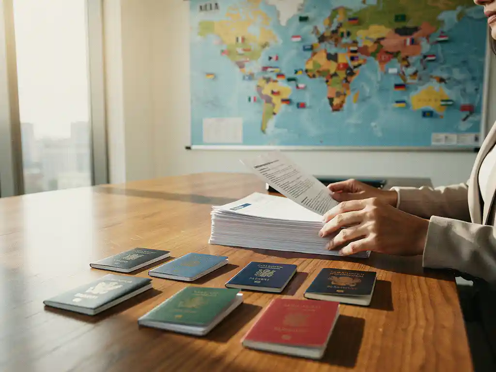 HR-manager bekijkt internationale werkdocumenten en paspoorten op eiken bureau met wereldkaart op achtergrond