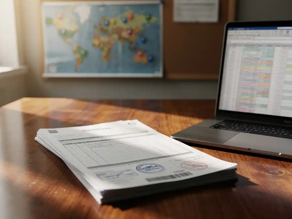 Stapel loonstrookjes en werkvergunningen op houten bureau met wereldkaart en laptop met spreadsheet op achtergrond