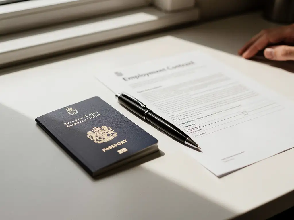 Nederlands paspoort geopend naast arbeidscontract op wit bureau met zwarte pen, natuurlijk licht