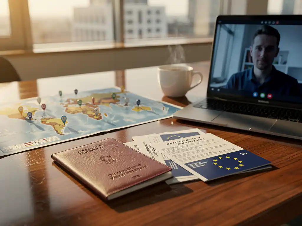 Nederlands paspoort en EU-werkvergunning op houten bureau naast wereldkaart met locatiepinnen, laptop met videogesprek en koffiekopje
