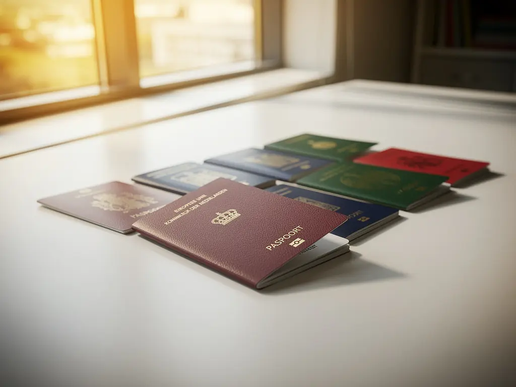 Open Nederlands paspoort met bordeauxrode kaft naast andere internationale paspoorten op wit bureau, gouden namiddaglicht door raam