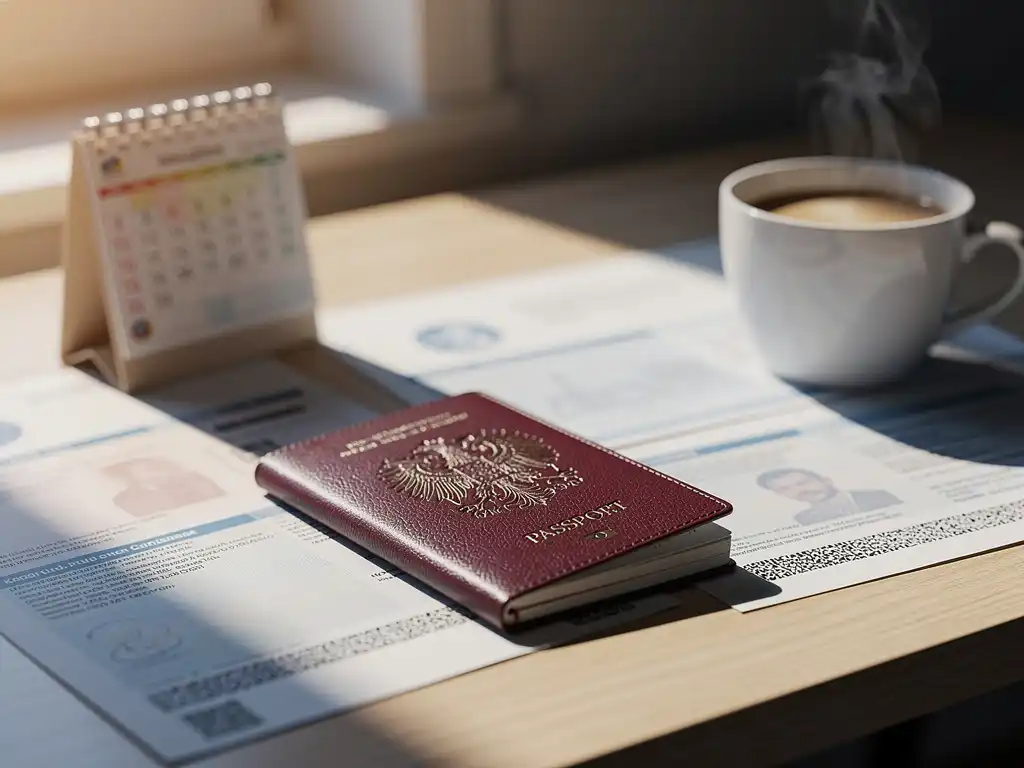 Open Nederlands paspoort op houten bureau met kalender, immigratiedocumenten en koffiekop in natuurlijk licht