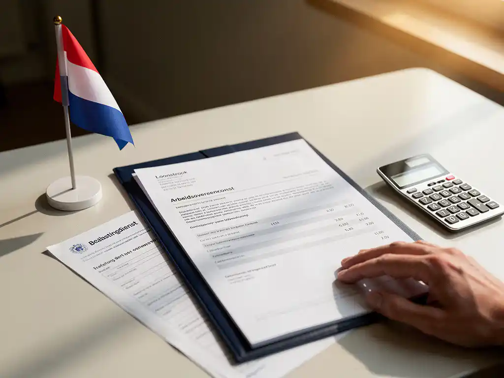 Nederlandse salarisstrook op modern bureau naast Nederlandse vlag en calculator met warm natuurlijk licht