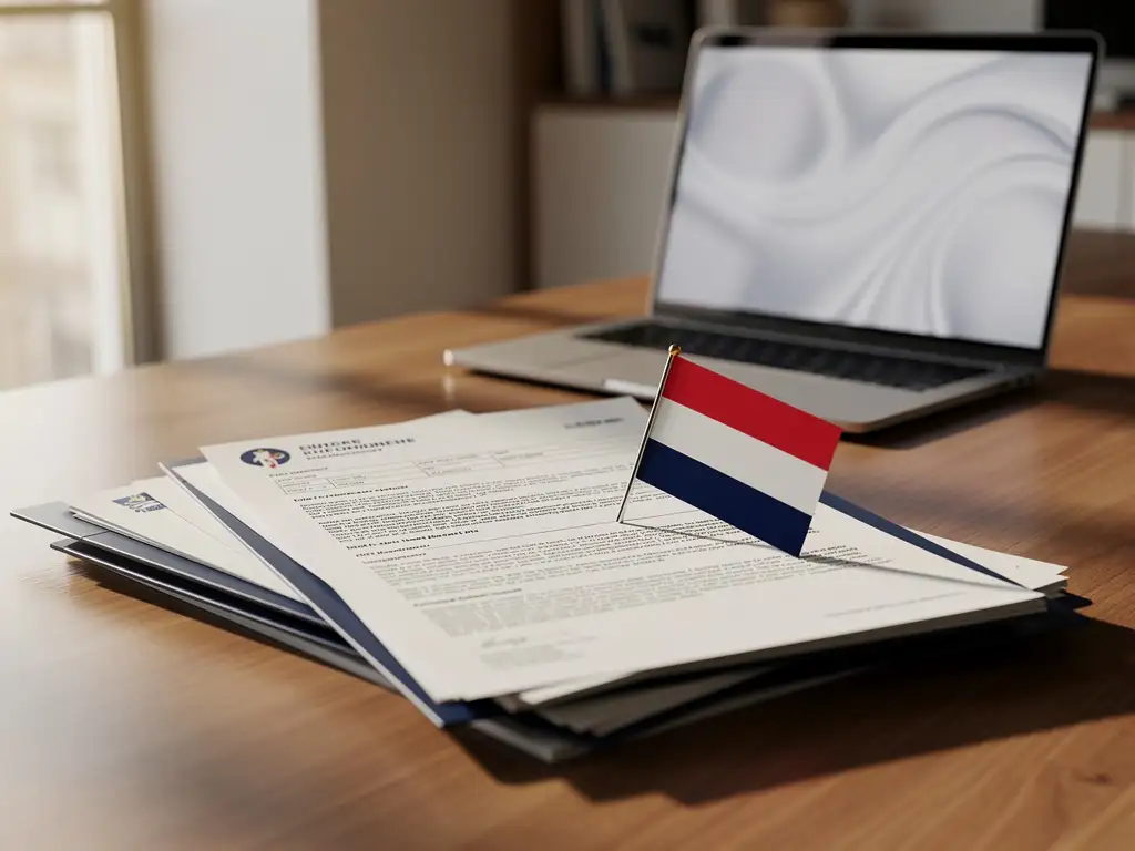 Nederlandse arbeidscontracten en documenten gestapeld op houten bureau met Nederlandse vlag en laptop op achtergrond