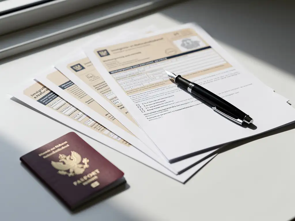 Nederlandse immigratiedocumenten uitgespreid op wit bureau met paspoort, werkvergunning aanvragen en vulpen in natuurlijk licht