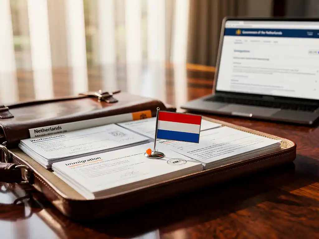 Open aktetas op houten bureau met Nederlandse immigratiedocumenten, werkvergunningen en officiële formulieren, laptop toont overheidswebsites