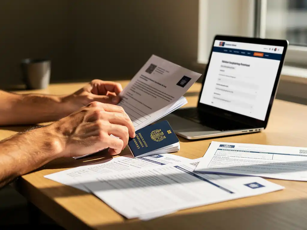 Handen organiseren Nederlandse immigratiedocumenten en paspoort op houten bureau naast laptop met overheidswebsite