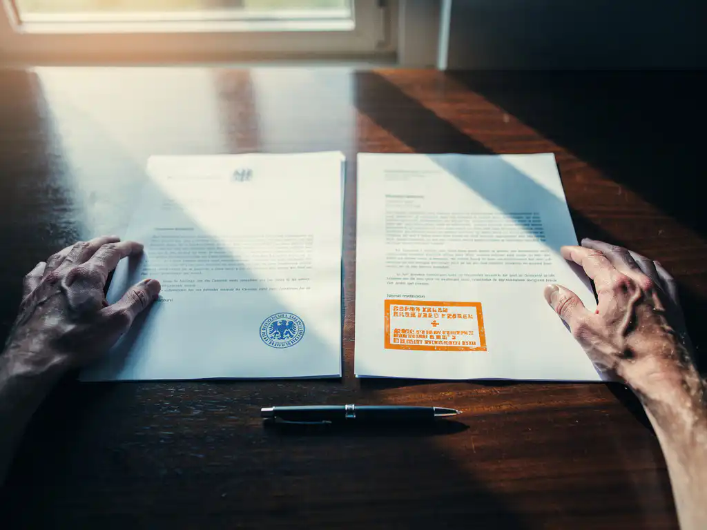 Twee officiële Nederlandse overheidsdocumenten met blauwe en oranje stempels op houten bureau, handen reiken naar papieren