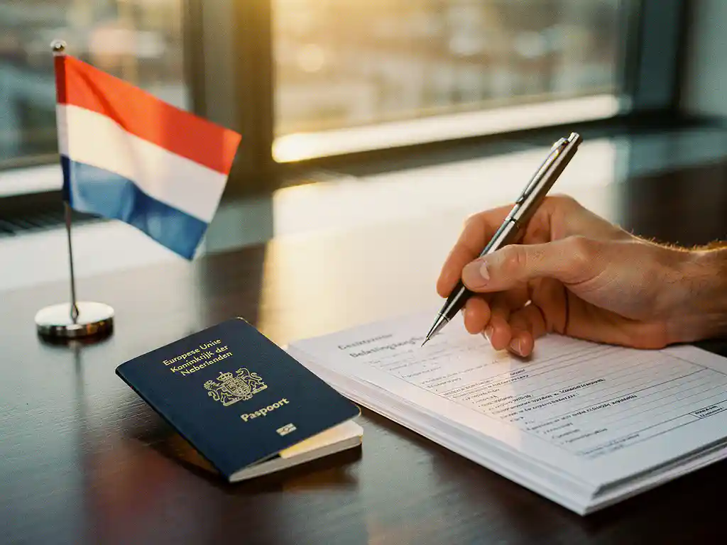 Nederlands paspoort op houten bureau naast belastingdocumenten en Nederlandse vlag, handen met pen zichtbaar