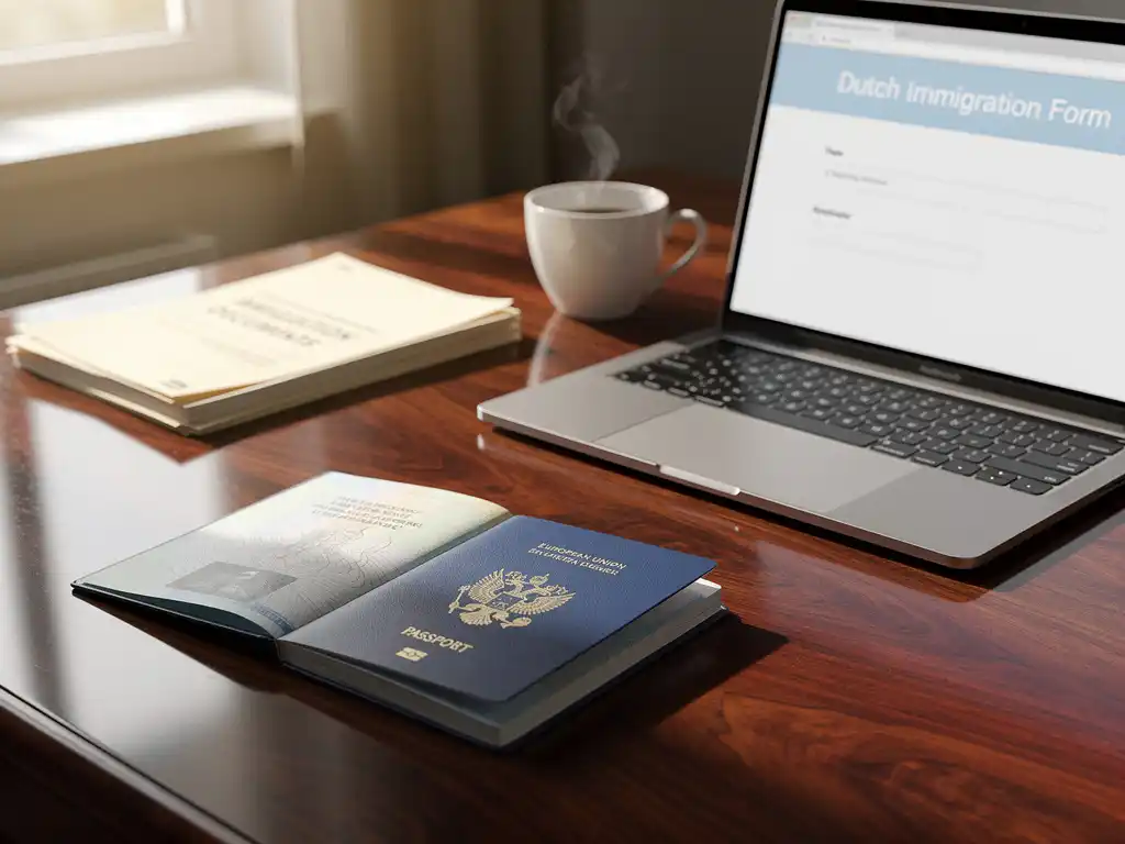 Open Europees paspoort op houten bureau naast laptop met Nederlandse overheidsdocumenten en koffiekopje