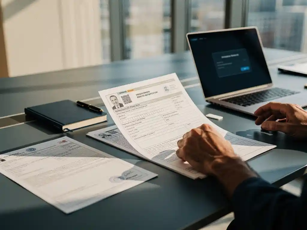Handen van buitenlandse werknemer bekijken Nederlandse werkvergunning aanvraagformulieren op modern bureau met laptop