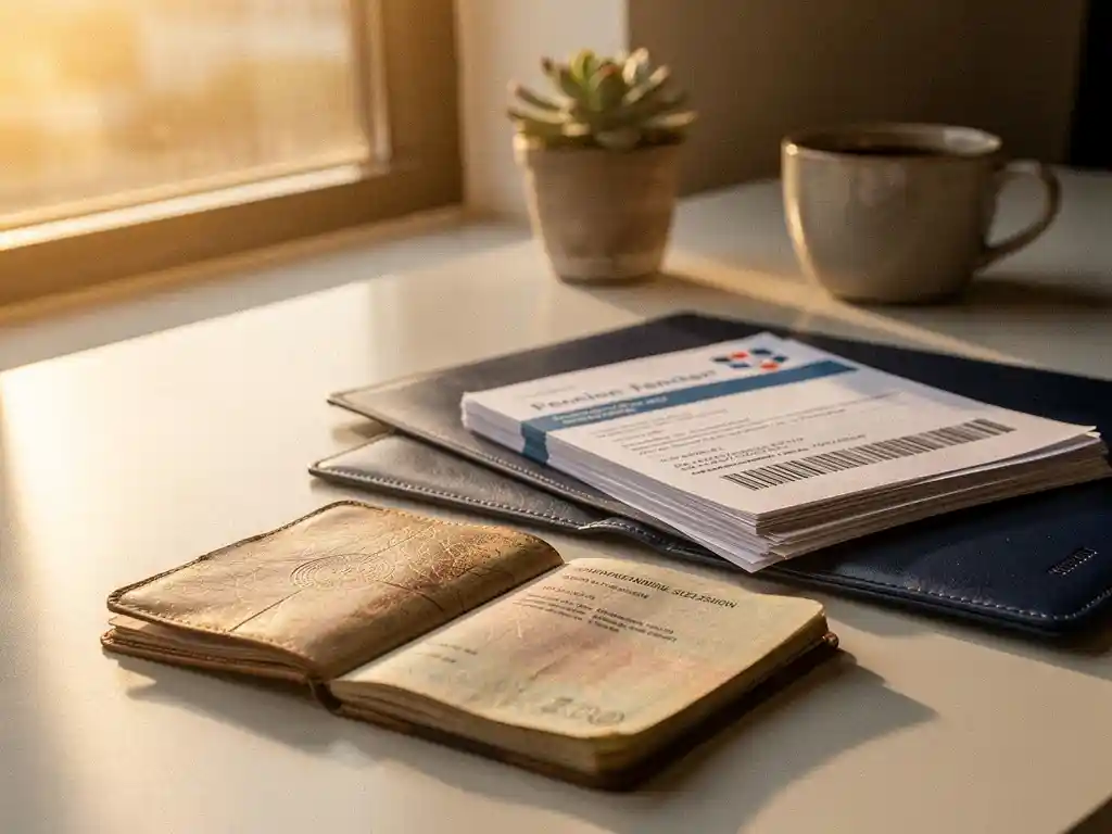 Open paspoort naast stapel Nederlandse pensioendocumenten op modern bureau, gouden namiddaglicht door raam, succulent en koffiekop