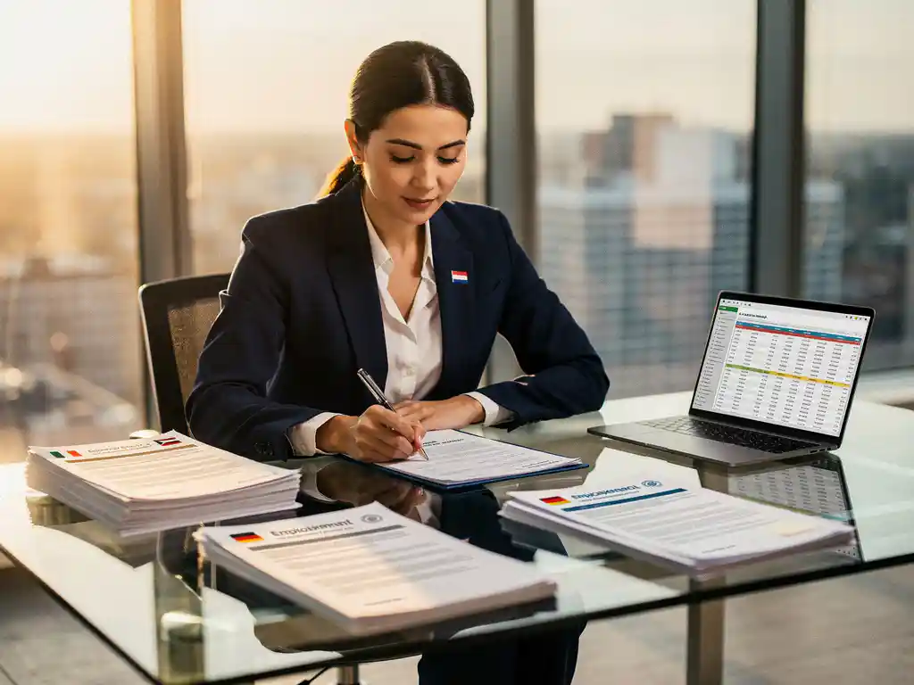 Professionele vrouw in zakelijke kleding bekijkt salarisadministratie documenten aan glazen bureau met laptop en internationale arbeidscontracten