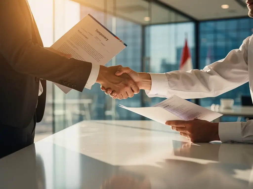 Professionele handdruk tussen twee personen in modern kantoor met glazen wanden, contracten op gepolijste vergadertafel