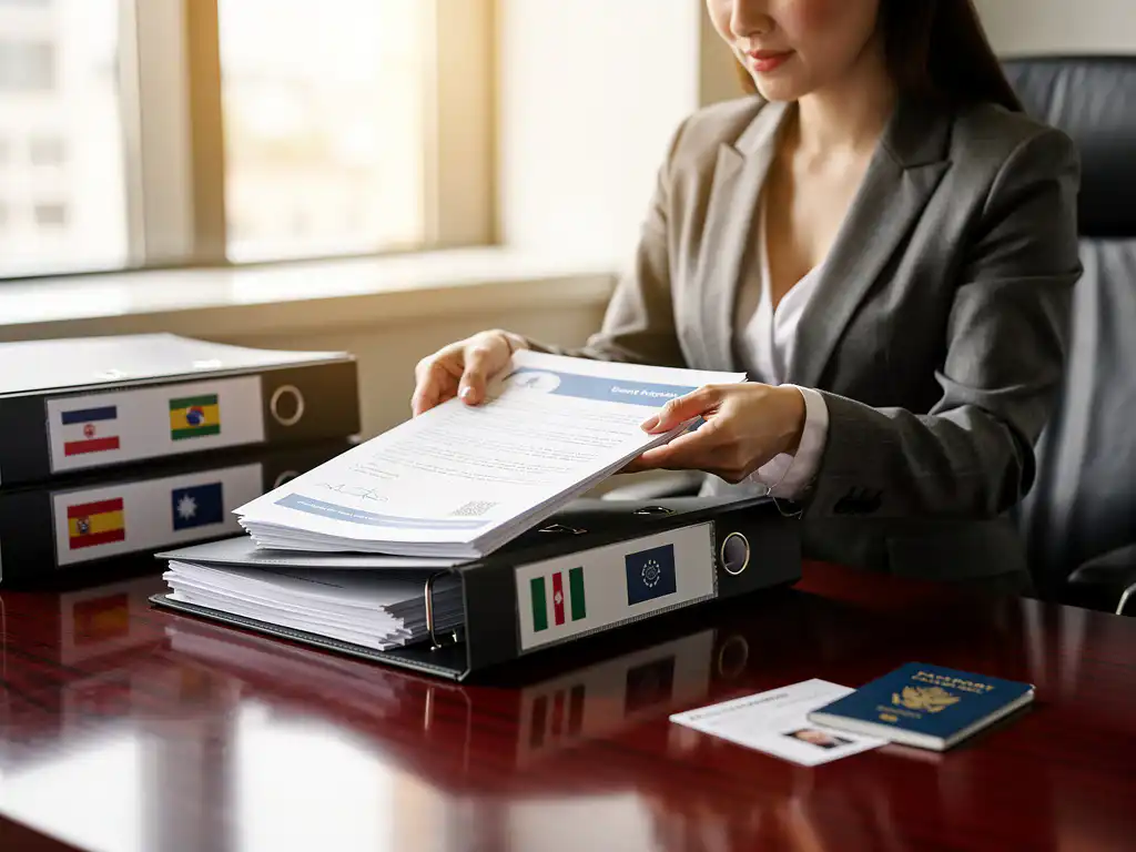 Professionele vrouw verplaatst officiële documenten tussen georganiseerde bureaumappen met landenvlaggen, paspoort en werkvergunning zichtbaar op mahonie bureau