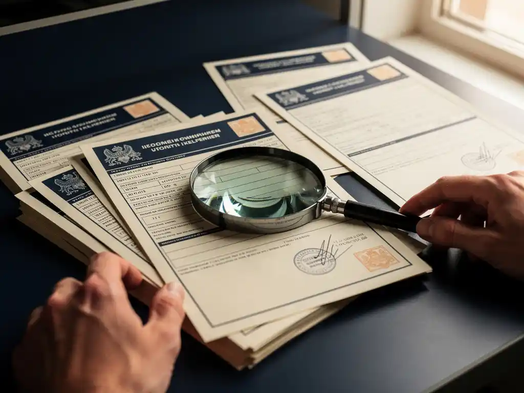 Nederlandse overheidsformulieren op bureau met vergrootglas op werkvergunning aanvraag, warme kantoorverlichting