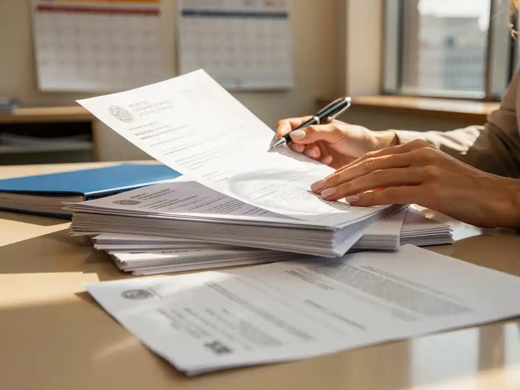 HR-professional bekijkt immigratiedocumenten en werkvergunningen op modern kantoorbureau met kalender op achtergrond