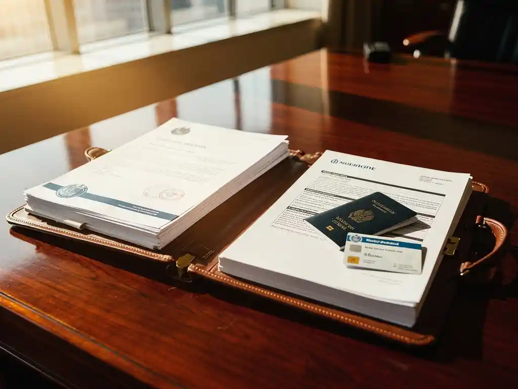 Open aktetas op houten bureau met Nederlandse paspoort, werkvergunning en officiële documenten voor internationale mobiliteit